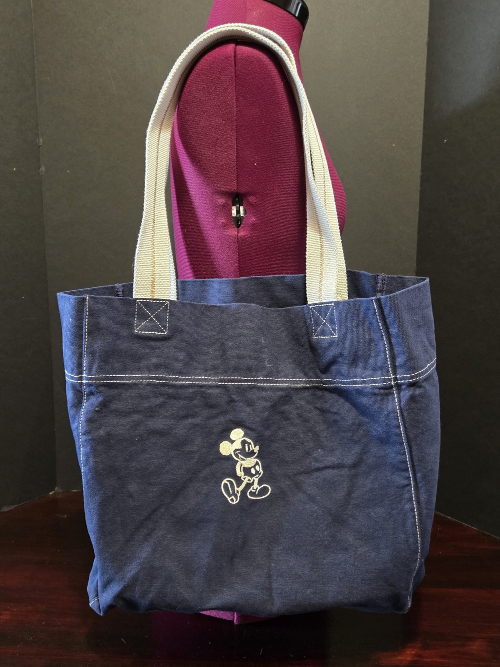 Vintage 90s Blue Mickey Mouse White Embroidered Canvas Tote Bag 15" Disney Store